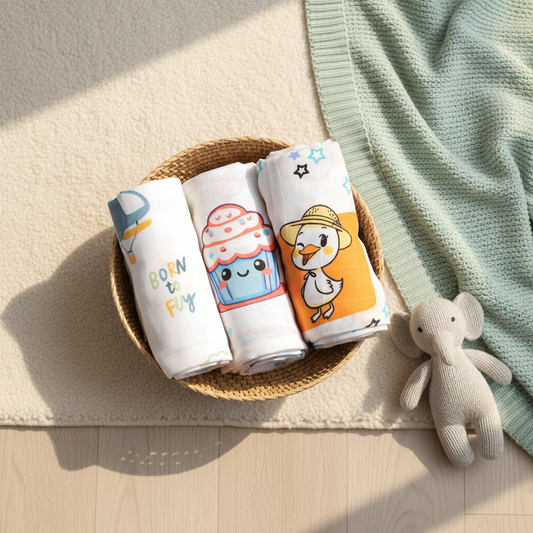 Loreto Baby Muslin Swaddle Combo Pack of 3 | 100% Cotton | Born To Fly, Cupcake & Little Duck