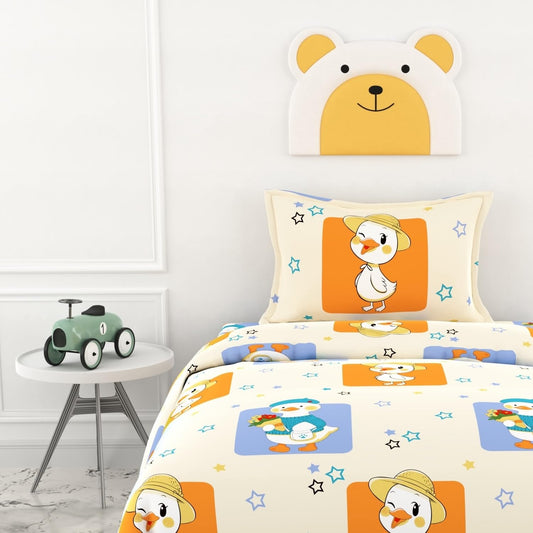 Playful Ducks 100% Cotton Single Bed Bedsheet with Pillow Cover | 186 TC Percale Weave | Soft, Durable & Breathable Flat Sheet 58 x 88 Inches