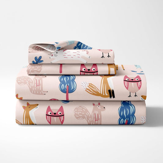 Loreto Cotton Single Fitted Bedsheet | Pastel Pink Animal Pattern 144 TC