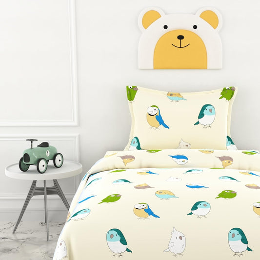 Multicolor Birds 100% Cotton Single Bed Bedsheet with Pillow Cover | 186 TC Percale Weave | Soft, Durable & Breathable Flat Sheet 58 x 88 Inches