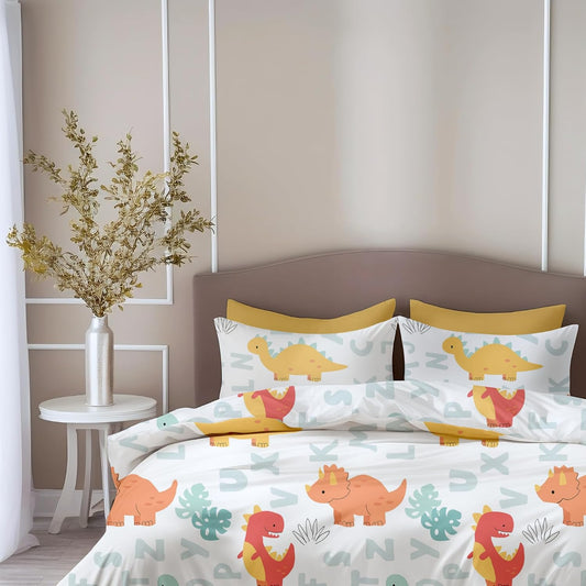 Orange & Mint Alphabet Dino Play Soft & Breathable 100% Cotton Flat King Bedsheet, 144 TC