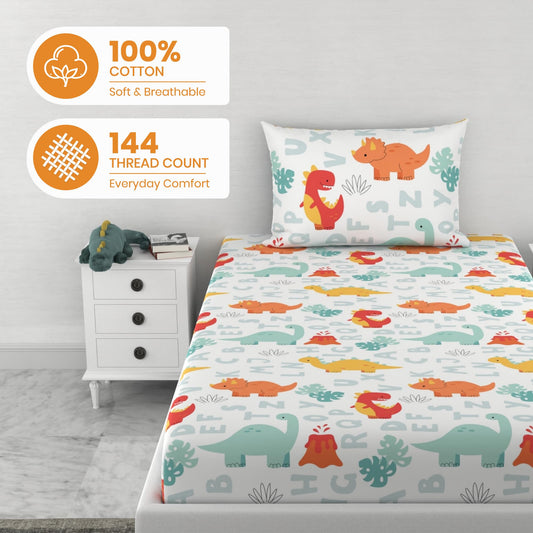 Orange & Mint Alphabet 144 TC 100% Cotton Elastic Fitted Single Bedsheet with 1 Pillow Cover - 78 x 36 Inches