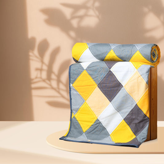 Lemon Yellow & Grey Checkered 100% Cotton Reversible Single Bed Blanket | Lightweight & Soft AC Dohar | Breathable for All Seasons | 54 x 84 Inches