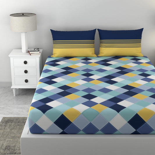 Loreto Cotton Double Fitted Bedsheet | Vivid Blue and Yellow Checkered