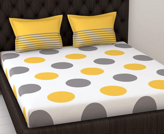 Yellow & Grey Polka 100% Cotton Flat King Bedsheet, 144 TC