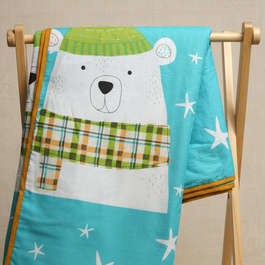 Teal Cozy Bear Single Dohar - 100% Cambric Cotton Lightweight AC Blanket (58 x 88 Inches)