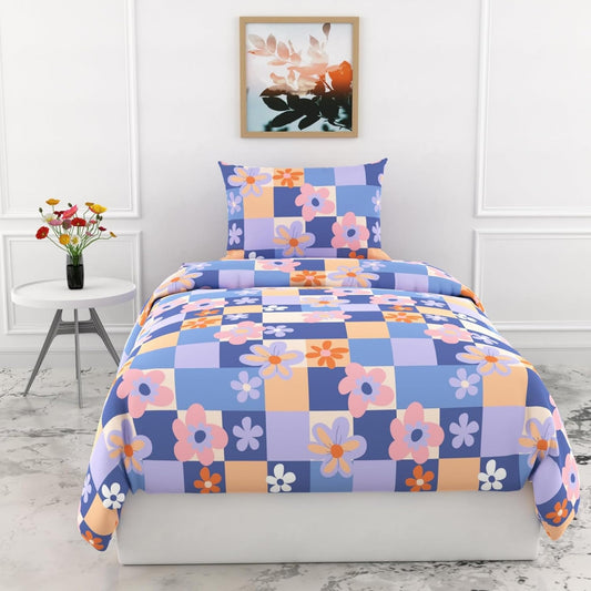 Loreto Cotton Single Bedsheet | Pastel Floral Checkered Soft & Breathable
