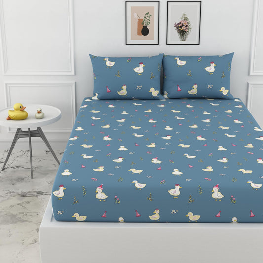 Pastel Blue Duck Party 100% Cotton Double Fitted Bedsheet with 2 Pillow Covers, 144 TC, 78 x 60 Inches