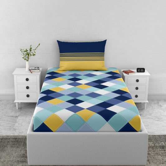 Loreto Cotton Single Bedsheet | Vivid Blue and Yellow Checkered