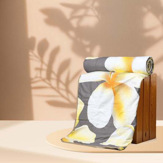 Storm Grey & Celery White Flower 100% Cotton Reversible Single Bed Blanket | Lightweight & Soft AC Dohar | Breathable for All Seasons | 54 x 84 Inches