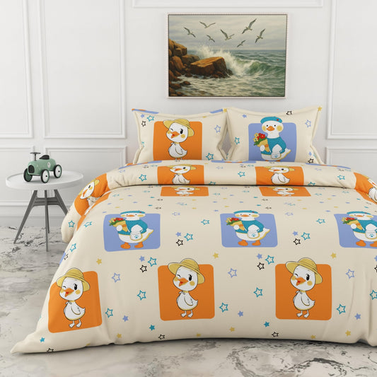 Loreto Cotton Double Bedsheet | Playful Ducks on Creamy Beige 186 TC Cotton , 90 x 90 Inches - Soft Percale Weave with 2 Covers, Durable & Breathable