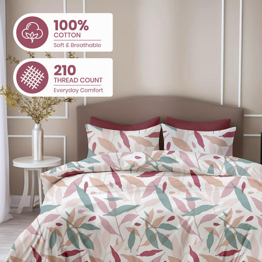 Pink Leaf Double Bedsheet - 210 TC 100% Cotton with 2 Pillow Covers (90 x 90 Inches)