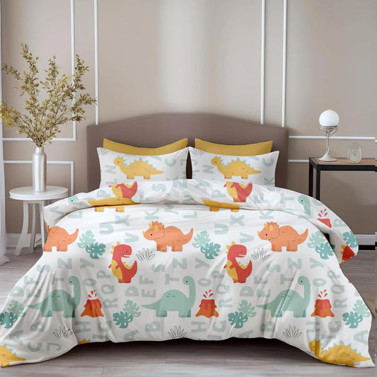 Loreto Cotton King Bedsheet | Orange & Mint Alphabet Dino Play Soft & Breathable