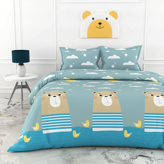 Aqua Blue Bear & Duck Parade 186 TC Cotton Double Bedsheet, 90 x 90 Inches — Soft Percale Weave with 2 Pillow Covers, Durable & Breathable