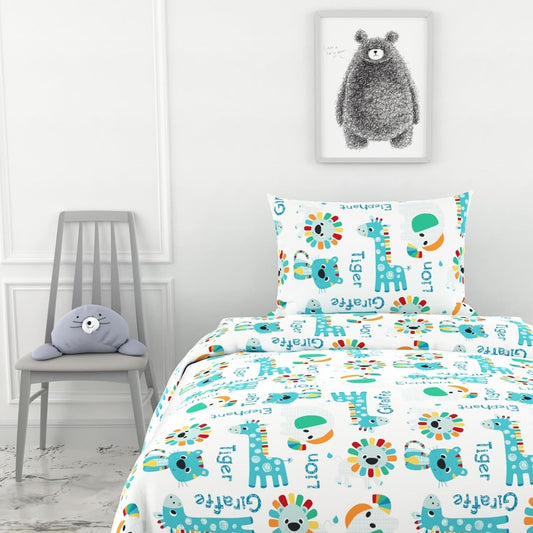 Aqua & Rainbow Animal Parade Soft & Breathable 100% Cotton Flat Single Bedsheet, 144 TC