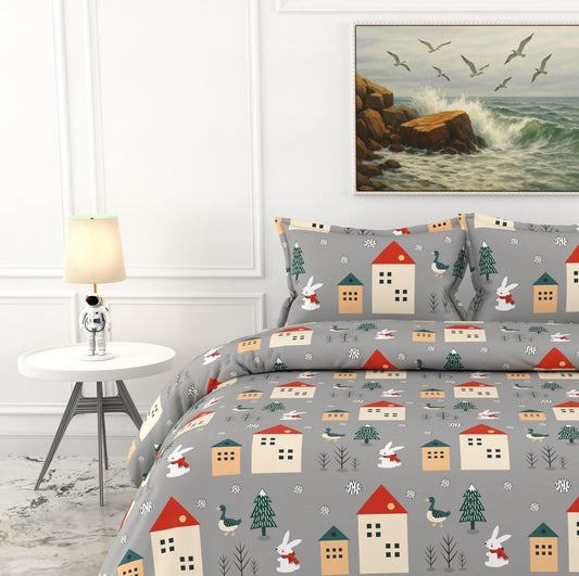 Warm Grey Winter Village Bunny 186 TC Cotton Double Bedsheet, 90 x 90 Inches - Soft Percale Weave with 2 Pillow Covers, Durable & Breathable