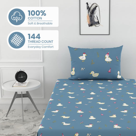 Pastel Blue Duck Party 100% Cotton Elastic Fitted Bedsheet for Single Bed with 1 Pillow Cover | Soft & Breathable | 78 x 36 Inch, 144 TC