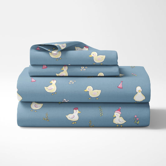 Loreto Cotton Single Fitted Bedsheet | Pastel Blue Duck Party