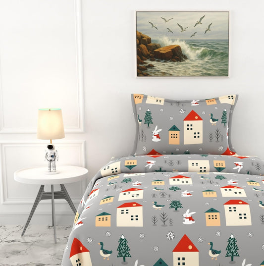 Grey Bunny 100% Cotton Bedsheet for Single Bed | 186 TC Percale Weave Soft & Durable Flat Sheet with Pillow Cover | 58 x 88 Inches