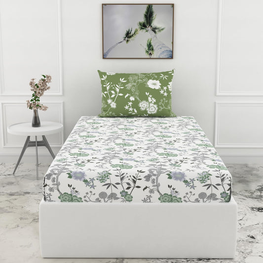Loreto Sage Green Floral Harmony Single Fitted Bedsheet | 144 TC | 100% Cotton | Fits 72 x 36 Inches | 8 Inch Pocket - main product image