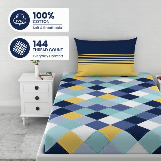 Vivid Blue and Yellow Checkered 100% Cotton Single Fitted Bedsheet, 144 TC