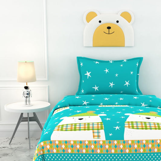 Teal Bear 100% Cotton Single Bed Bedsheet with Pillow Cover | 186 TC Percale Weave | Soft, Durable & Breathable Flat Sheet 58 x 88 Inches