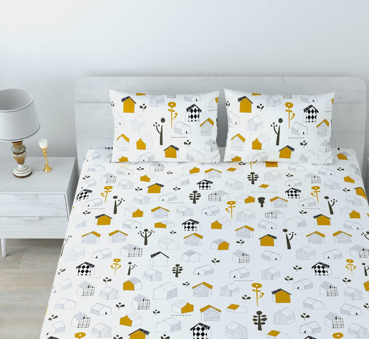 सॉफ्ट व्हाइट किड्स हाउस पैटर्न 100% कॉटन फ्लैट डबल बेडशीट, 144 TC