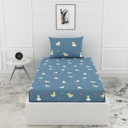 Pastel Blue Duck Party 100% Cotton Elastic Fitted Bedsheet for Single Bed with 1 Pillow Cover | Soft & Breathable | 78 x 36 Inch, 144 TC