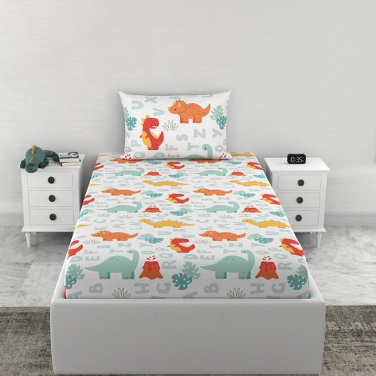 Loreto Cotton Single Fitted Bedsheet | Orange & Mint Alphabet 144 TC