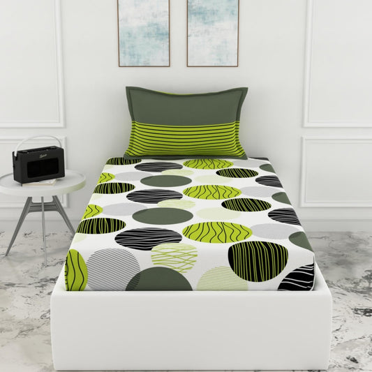 Loreto Cotton Single Fitted Bedsheet | Olive Green & Black Circles