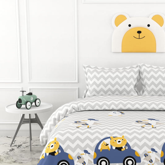 Grey Chevron Bear Car Ride Bedsheet 186 TC Cotton Double Bedsheet, 90 x 90 Inches - Soft Percale Weave with 2 Pillow Covers, Durable & Breathable
