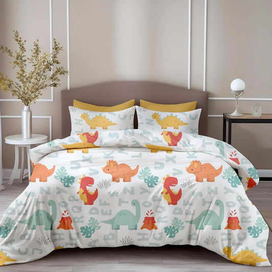 Loreto Cotton Double Bedsheet | Orange & Mint Alphabet Dino Play Soft & Breathable