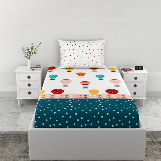 Loreto Cotton Single Bedsheet | Red and Blue Hot Air Balloon