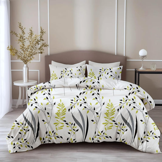 Loreto Cotton King Fitted Bedsheet | Olive & Charcoal Leaf 186 TC Cotton for Size Bed with 2 Covers - Deep Pocket Elastic, 78 x 72 Inches