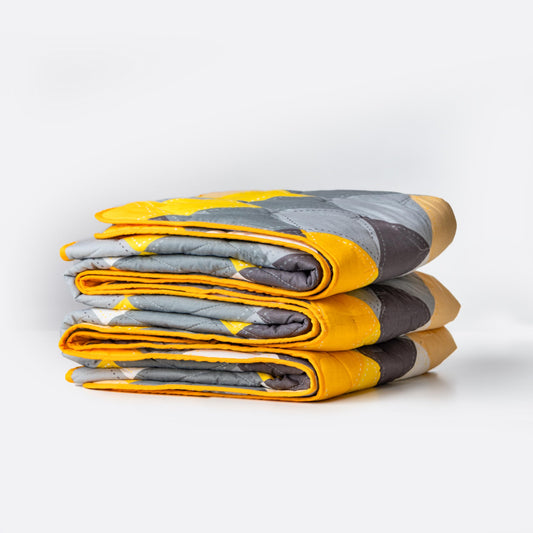 Yellow & Grey Checkered 100% Cotton Reversible Comforter for Single Bed | 150 GSM Lightweight Winter Quilt | AC Blanket 54" x 84"