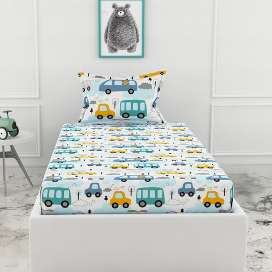 Loreto Cotton Single Fitted Bedsheet | Bubblegum Blue Bus & Banana Yellow Cars