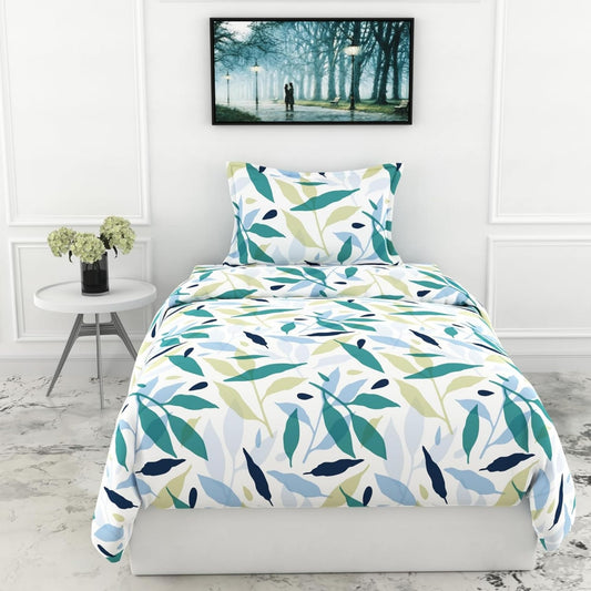 Green Leaf Whisper Single Bedsheet - 210 TC 100% Cotton with 1 Pillow Cover (58 x 88 Inches)