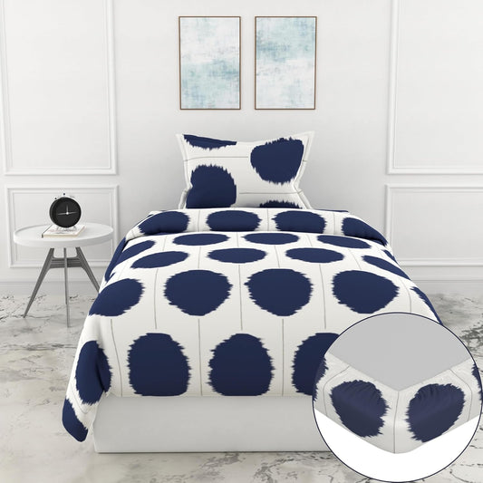 Loreto Cotton Single Fitted Bedsheet | Navy Haze Big Polka Dots