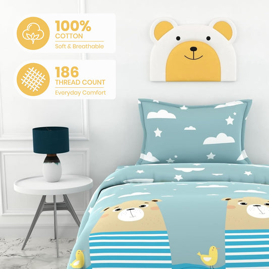 Bear & Duck 100% Cotton Bedsheet for Single Bed | 186 TC Percale Weave Soft & Durable Flat Sheet with Pillow Cover | 58 x 88 Inches