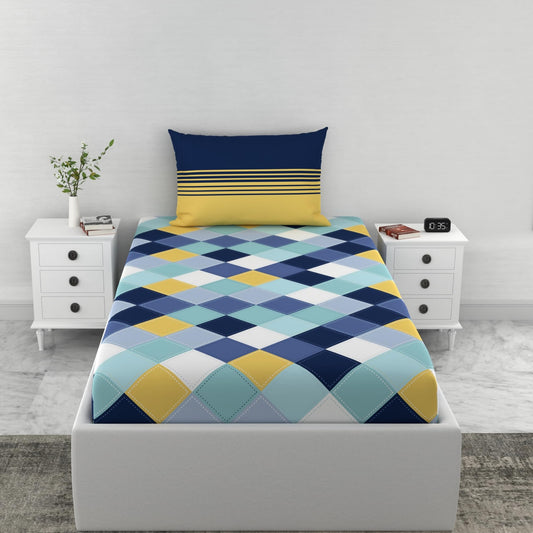 Vivid Blue and Yellow Checkered 100% Cotton Single Fitted Bedsheet, 144 TC