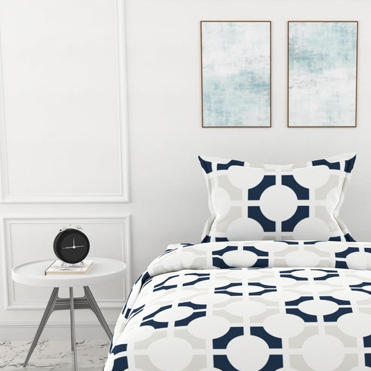 कोलोनियल ब्लू मैट्रिक्स 100% कॉटन सिंगल फिटेड बेडशीट, 144 TC