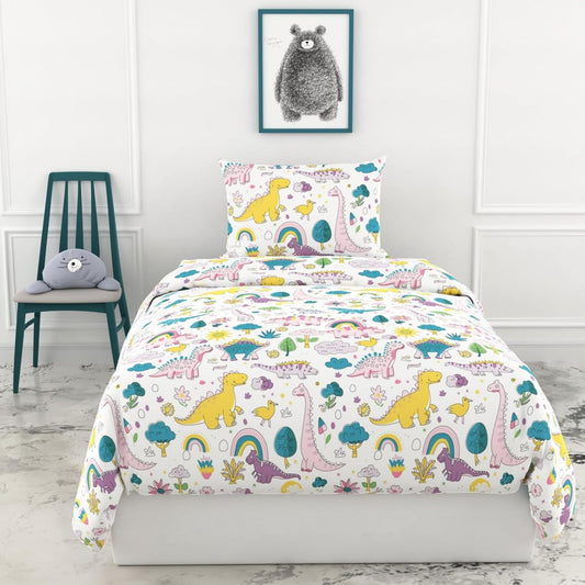 Loreto Cotton Single Bedsheet | Rainbow Dino Fun Soft & Breathable