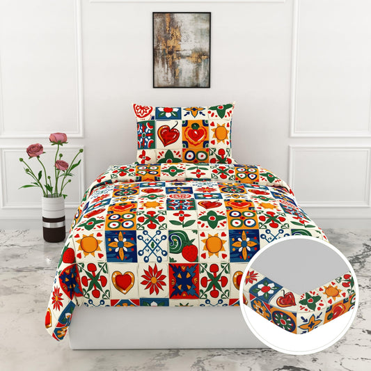 Red & Cobalt Blue 144 TC 100% Cotton Elastic Fitted Single Bedsheet with 1 Pillow Cover - 78 x 36 Inches