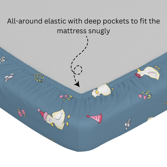 Pastel Blue Duck Party 100% Cotton King Size Fitted Bedsheet with 2 Pillow Covers, 144 TC, 78 x 72 Inches