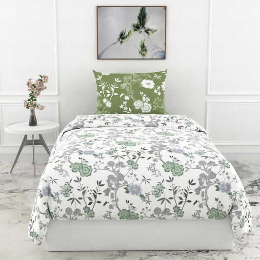 Loreto Cotton Single Bedsheet | Sage Green Floral Harmony Soft & Breathable