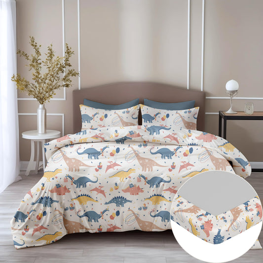 Coral Blue Dino Party 100% Cotton King Size Elastic Fitted Bedsheet with 2 Pillow Covers, 144 TC, 78 x 72 Inches