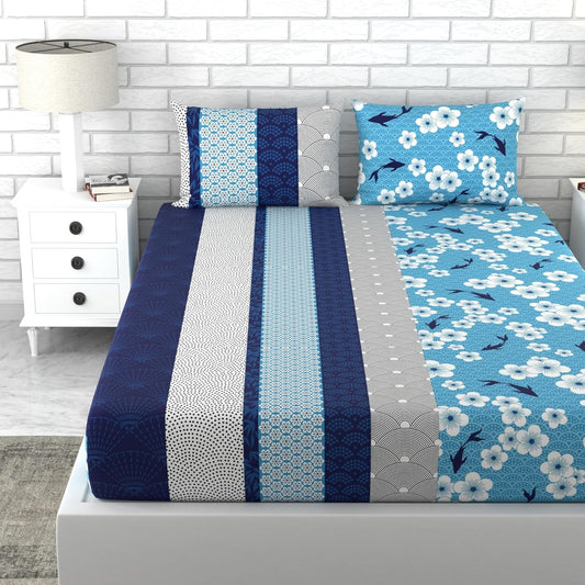 Loreto Cotton Double Bedsheet | Blue Floral