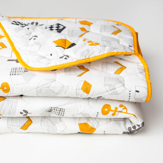White Kids House Pattern 100% Cotton Reversible Comforter for Single Bed | 150 GSM Lightweight Winter Quilt | AC Blanket 54" x 84"