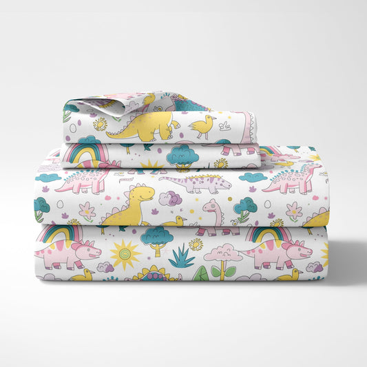 Loreto Cotton Single Fitted Bedsheet | Rainbow Dino Fun 144 TC