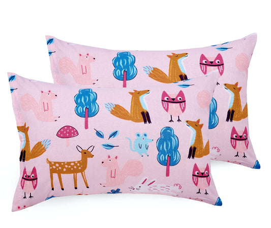 Loreto Cotton Pillow Cover | Peach Baby Animals 144 TC Cotton Set of 2 - Soft, Breathable & Durable (17 x 27 Inches)